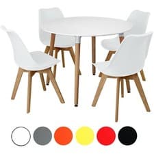 Image of Circular Dining Table Set Four 4 Dinner Kitchen Chairs White Solid Beech Wood