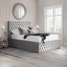 Image of Kingston Grey Velvet Fabric Ottoman Storage Bed 4ft6 Double Quilted Headboard