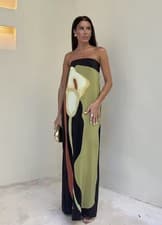 Image of Vintage Strapless Off Shoulder Summer Printed Long Dress Floral Printed Medium