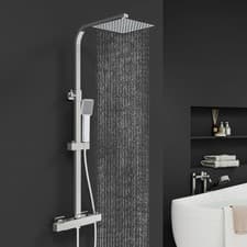 Image of Bathroom Mixer Shower Thermostatic Twin Shower Head Square Bar Valve Set Chrome