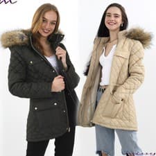 Image of NEW Womens LADIES QUILTED PARKA JACKET LUSH FUR HOODED WINTER COAT Size 8-16