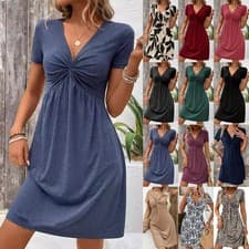 Image of Ladies Summer Cotton V Neck Ruched Dress Casual Party Short Sleeve Midi Dresses