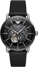 Image of emporio armani ar60026 meccanico black leather men's 43mm skeleton watch