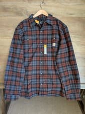 Image of NWT Carhartt Flannel Shirt Men Large Red Black Plaid Loose Heavyweight Button-Up