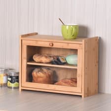 Image of Two Layer Bamboo Wood Bread Bin Counter Top Storage Box with Acrylic Window Lid