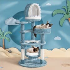 Image of Cat Tree Plush Ocean-themed Cat Tower w/Shark's Mouth-shaped Condo Hammock 115cm