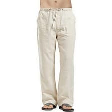 Image of Mens Cotton Linen Summer Beach Loose Pants Drawstring Elasticated Trousers M-3XL