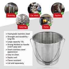 Image of 12 Litre Bucket Large Heavy Duty Stainless Steel Pail Double Welded 12L + Handle