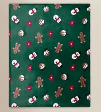 Image of Christmas Green Fleece Throw (120cm x 150cm) Gingerbread Men, Snowmen, Puds