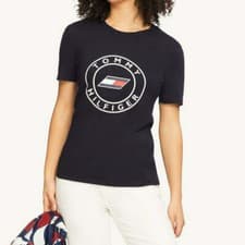 Image of Tommy Hilfiger Women Slim Round Graphic C-NK Tee NAVY SIZ XS NEW FREE UK POSTAGE