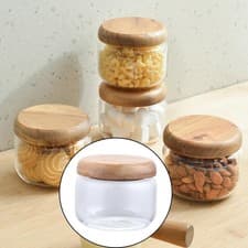 Image of Small Glass Airtight Canister with Wood Lids 300ml Orgnizer Container Clear for