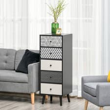 Image of Grey Geometric Chest of Drawers with Solid Wood Legs 5 Drawer Tallboy Dresser