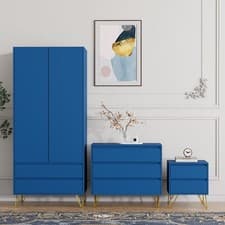 Image of 3 Piece Modern Bedroom Furniture Bedside Table Wardrobe Set Chest of Drawers