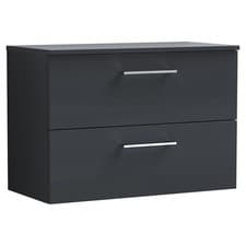 Image of Nuie Arno Satin Soft Black 800mm Wall Hung 2 Drawer Vanity Unit with Worktop - A