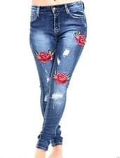 Image of LADIES WOMENS FLORAL DISTRESS SEXY DENIM BLUE WASH JEANS STRETCH SKINNY S TO 3XL