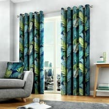 Image of Fusion 100% Cotton Tropical Palm Leaf Print Lined Eyelet Curtains OR Cushions
