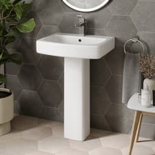 Image of Modern Bathroom Square Basin Sink Full Pedestal Single Tap Hole White Ceramic