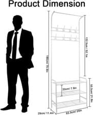 Image of Coat Rack Stand and Shoe Storage Bench Metal Hall Tree with 3-Tier Shelf 16Hooks