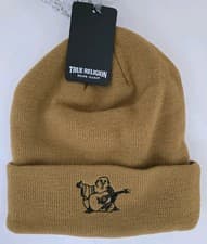 Image of True Religion Ribbed Beanie Hat - Dark Mustard with black Buddha logo- one size