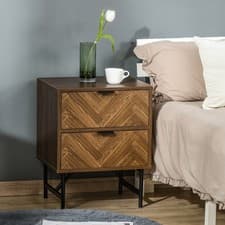 Image of Two-Drawer Herringbone Bedside Table Home Side Cabinet Bedroom Storage Brown