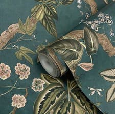 Image of HOLDEN WALLPAPER AQUA TEAL PEACOCK WOODS FLORAL FEATURE WALL 13682