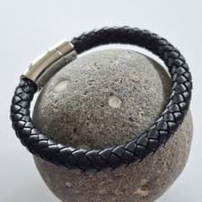 Image of Fred Bennett bracelet leather woven black stainless steel clip clasp 18cm wrist