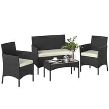 Image of Outsunny 4 Piece Rattan Garden Furniture Sofa Set with Cushions, Cream White
