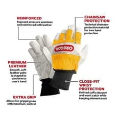 Image of OREGON Leather Chainsaw Safety Gloves Both Hand Protection Size Large 10 295399L