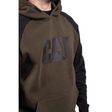 Image of Caterpillar Raglan Hooded Sweatshirt Army Moss/Black Front Pouch Pocket, Adjus