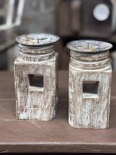 Image of Pair Of Rustic Wooden Candle Holders / Large Church Candle Candlesticks /A