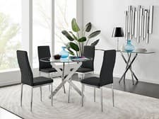 Image of NOVARA Chrome Round Glass Dining Table and 4 Milan Faux Leather Dining Chairs