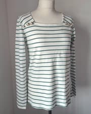 Image of Crew Clothing Breton Stripe Top UK 12 White Green Square Neck Gold Buttons BNWT