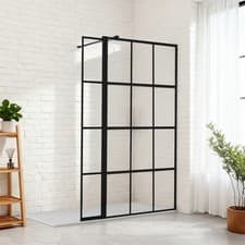 Image of Wet Room Shower Screen Black Grid Fixed 8mm Glass with Flpper Panel