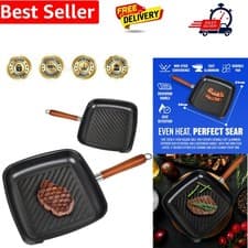 Image of 26CM Non Stick Griddle Grill Steak PAN Rosewood Handle CAST Aluminium Kitchen