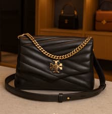 Image of NEW Tory Burch Kira Chevron Double Strap Black Crossbody/Satchel/Shoulder Bag