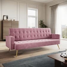 Image of Luxury Velvet Sofa Bed 3 Seater Pink Nonwovens New Foam Contrast Gold Metal Legs