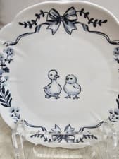 Image of Blue Easter Animal chick duck Toile Salad Plates Set of 4 Conquette Bow  8.5 In