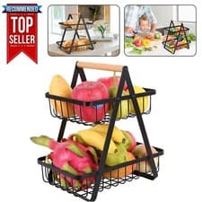 Image of 2-Layer Metal Wire Fruit Basket Vegetable Portable Storage Holder Kitchen Rack