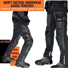 Image of Mens Cargo Work Trousers Slim Fit 4-Way Stretch Waterproof Nylon Pants Black UK