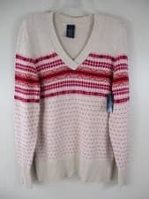Image of NWT Faded Glory size L 12/14 Beige Cotton V Neck Fair Isle Sweater Pink, Red