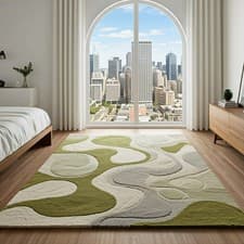 Image of Hand-Tufted Wool Area Rug: Green & White Abstract Geometric Carpe