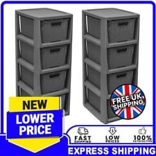 Image of 4 Drawer Medium Grey Spacious Rattan Effect Home Living Room Storage Baskets