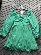Image of Quiz Green Dobby Skater Dress With Wide Sleeves, Size 8, New With Tags