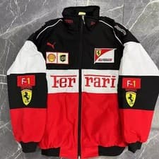 Image of Unisex Adult Ferrari Racing Cotton Jacket Zipper Embroidered Jacket -Black Red