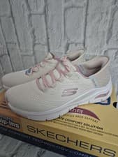 Image of size 4.5 women's Skechers Arch Fit-Fresh Flare Slip-Ins Off White Pink Trainers 