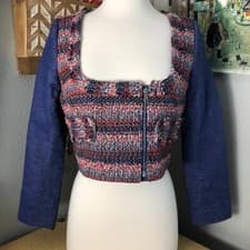 Image of CARVEN Linen Blend Cropped Jacket Womens size 38 US 8 / 10 Blue Red Boucle Denim