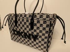 Image of DKNY Large Black And Grey Tote Bag. Monogram Logo. Draw Strings. New With Tags