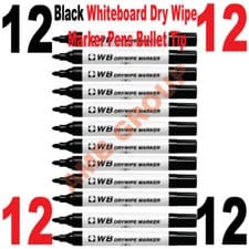 Image of 12 x New Value DRY WIPE BLACK BULLET TIP White Board marker pens Drywipe Markers
