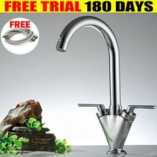 Image of Modern Kitchen Sink Mixer Tap Swivel 360° Chrome Monobloc Basin Twin Lever Taps