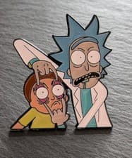 Image of Rick and Morty Enamel Pin Badge - Rick Holding Morty's Eyes Open - Cartoon Gift